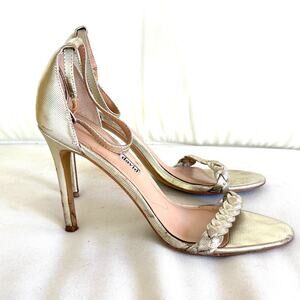Charles David Braided Heels 8 Gold Pumps Sandals Ankle Strap Cocktail Glam